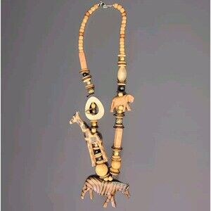 Vintage Handmade African-Inspired Wooden Necklace – Carved Animal Beads - 15 in